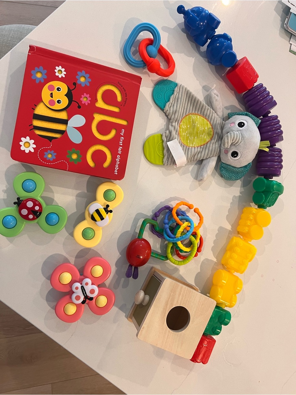 Baby and Toddler Toy Bundle - Wooden Box, Spinners, Book, Plips, Connecting Toys